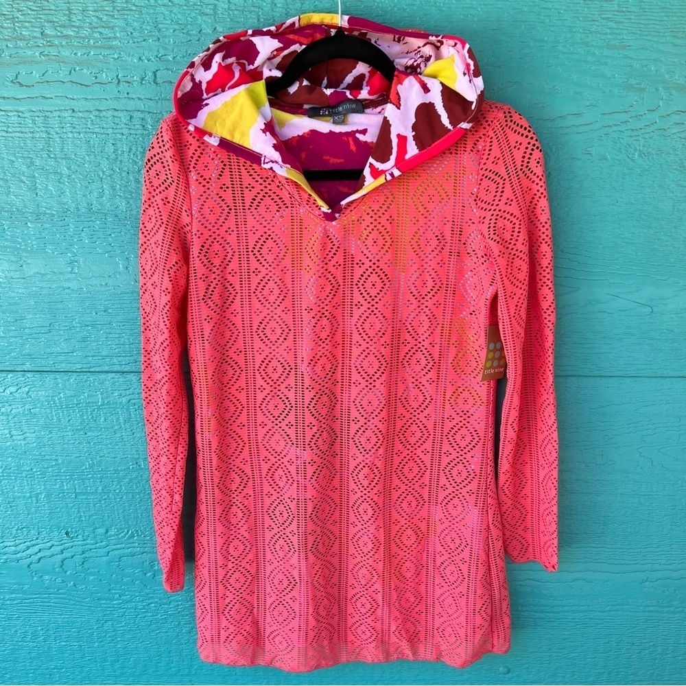 TITLE NINE MESH STRETCH OVERLAY HOODIE BEACH COVERUP TUNIC ORANGE SIZE XS NWT